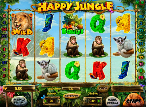 Дикий символ і бонус в ігровому автоматі Happy Jungle